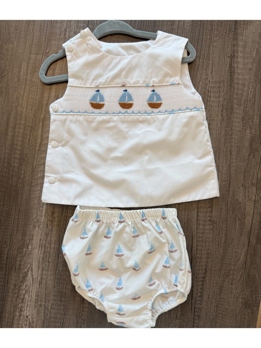 White & Light Blue Kids Bloomer Set with Sailboat Print